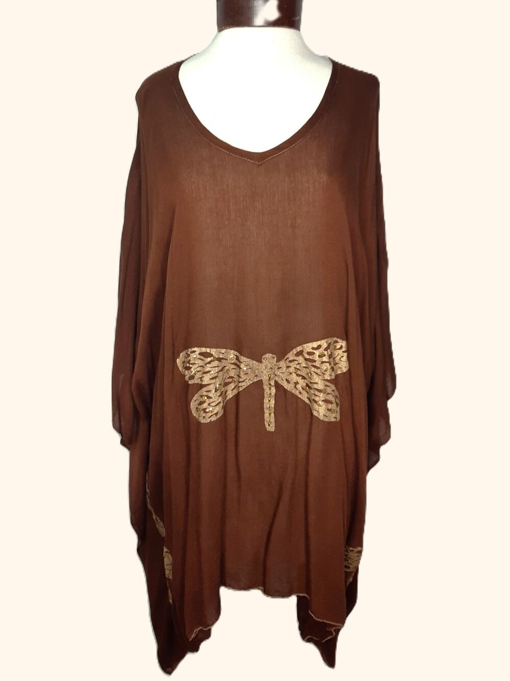Brown Gold Dragonfly Kaftan Resort Wear Beaded Rayon Top Swim Cover Up One Size